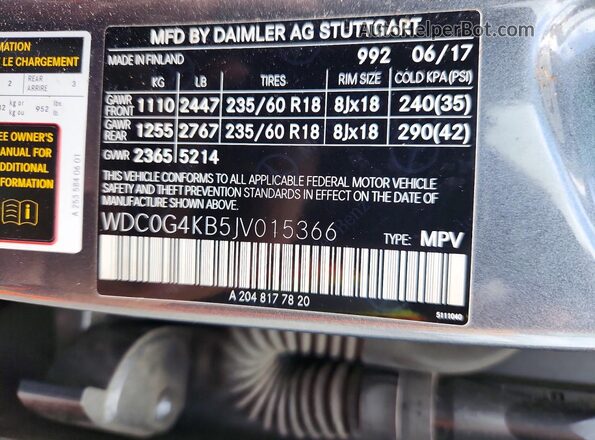 WDC0G4KB5JV015366 2018 MERCEDES-BENZ GLC-CLASS Gray Вид наклейки з VIN-кодом