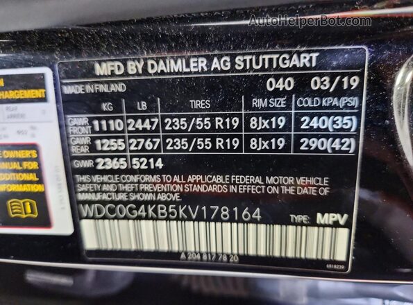 WDC0G4KB5KV178164 2019 MERCEDES-BENZ GLC-CLASS Black Widok naklejki z numerem VIN