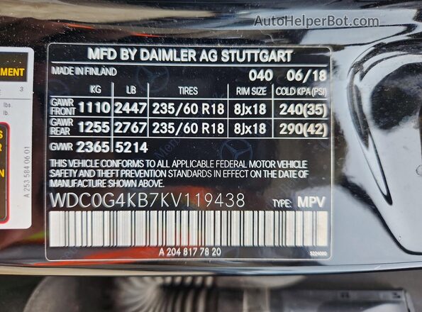 WDC0G4KB7KV119438 2019 MERCEDES-BENZ GLC-CLASS Black VIN sticker view