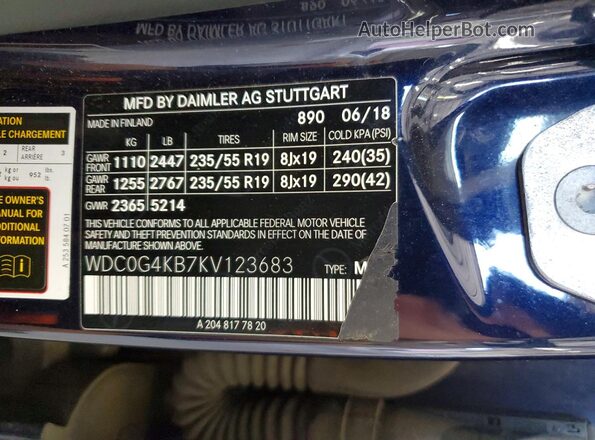 WDC0G4KB7KV123683 2019 MERCEDES-BENZ GLC-CLASS Blue VIN კოდის სტიკერის ხედი