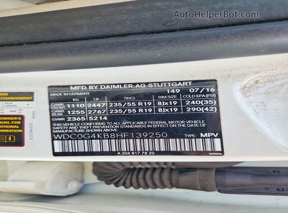 WDC0G4KB8HF139250 2017 MERCEDES-BENZ GLC-CLASS White Vista de la etiqueta del VIN