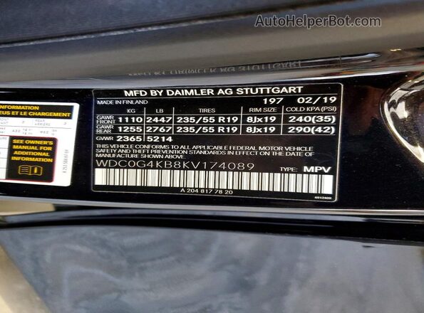 WDC0G4KB8KV174089 2019 MERCEDES-BENZ GLC-CLASS Черный Вид наклейки с VIN-кодом