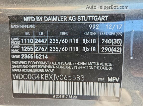 WDC0G4KBXJV065583 2018 MERCEDES-BENZ GLC-CLASS Gray Widok naklejki z numerem VIN