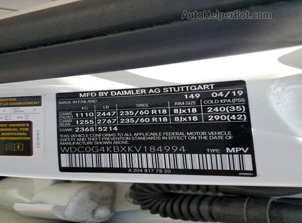 WDC0G4KBXKV184994 2019 MERCEDES-BENZ GLC-CLASS White VIN sticker view