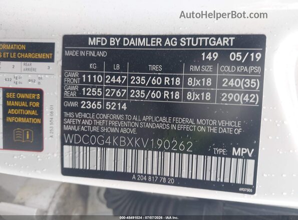 WDC0G4KBXKV190262 2019 MERCEDES-BENZ GLC 300 White Widok komory silnika