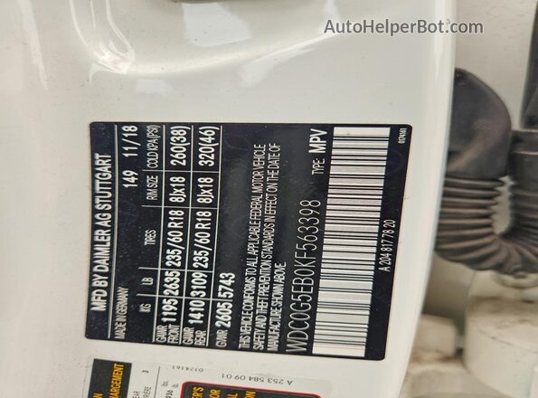 WDC0G5EB0KF563398 2019 MERCEDES-BENZ GLC-CLASS White Панорамний вид салону 360°