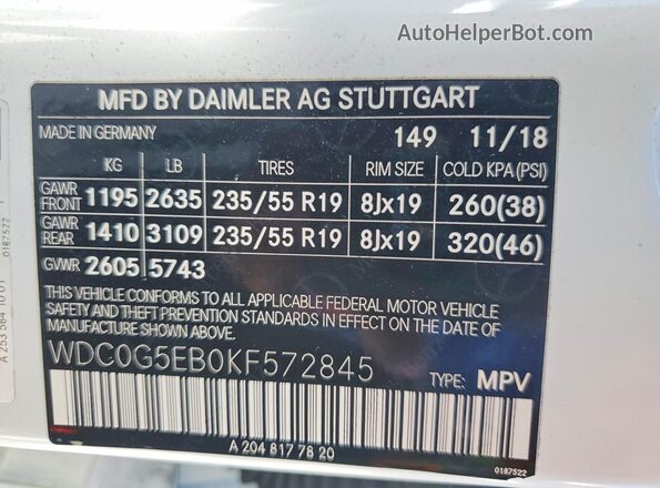 WDC0G5EB0KF572845 2019 MERCEDES-BENZ GLC-CLASS White Widok naklejki z numerem VIN