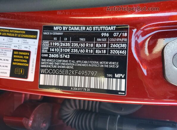 WDC0G5EB2KF495797 2019 MERCEDES-BENZ GLC-CLASS Red VIN կոդի պիտակի տեսք