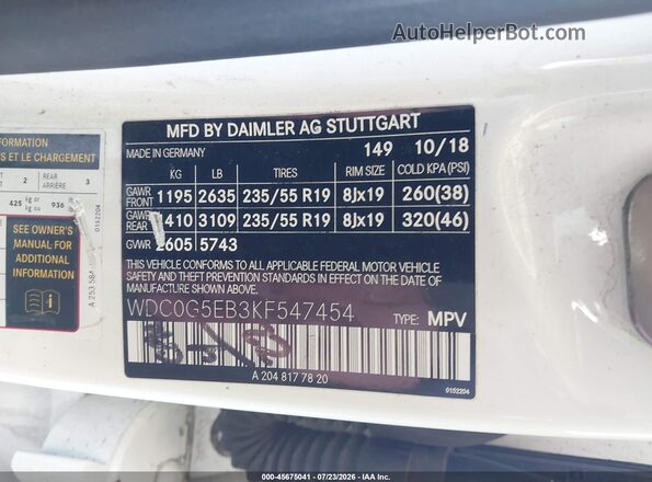 WDC0G5EB3KF547454 2019 MERCEDES-BENZ GLC 350E Белый Вид подкапотного пространства