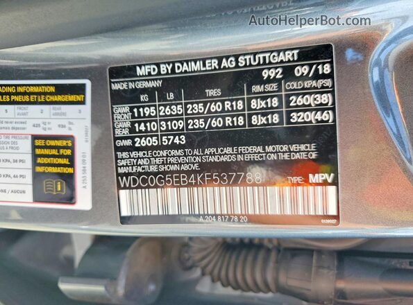 WDC0G5EB4KF537788 2019 MERCEDES-BENZ GLC-CLASS Gray Вид наклейки з VIN-кодом