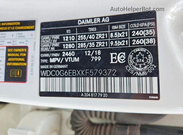 WDC0G6EBXKF579372 2019 MERCEDES-BENZ GLC-CLASS White VIN sticker view