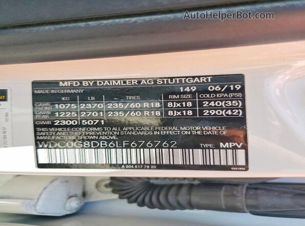 WDC0G8DB6LF676762 2020 MERCEDES-BENZ GLC-CLASS White Вид наклейки з VIN-кодом