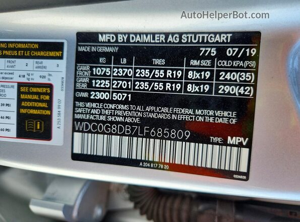 WDC0G8DB7LF685809 2020 MERCEDES-BENZ GLC-CLASS Silver VIN sticker view