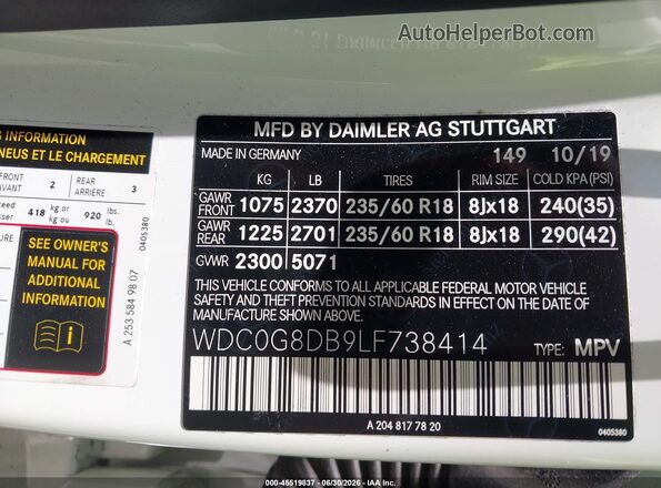 WDC0G8DB9LF738414 2020 MERCEDES-BENZ GLC 300 White Вид підкапотного простору