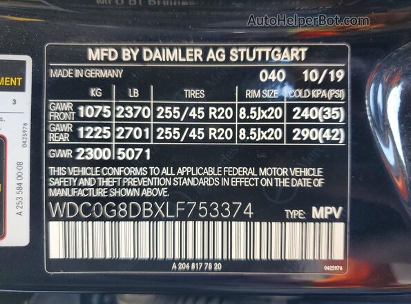 WDC0G8DBXLF753374 2020 MERCEDES-BENZ GLC-CLASS Black Вид наклейки з VIN-кодом