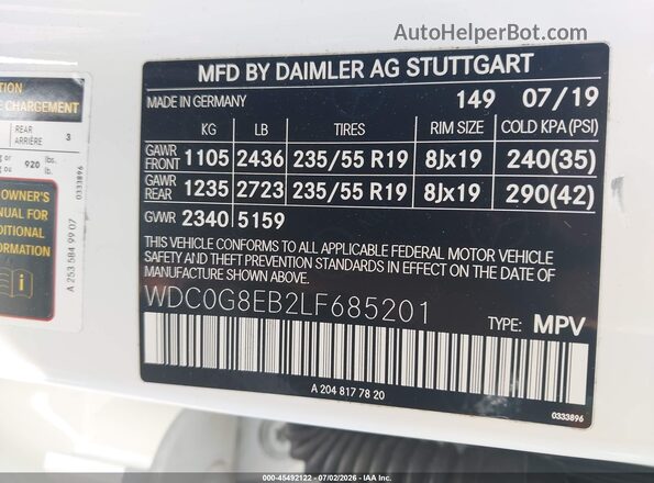 WDC0G8EB2LF685201 2020 MERCEDES-BENZ GLC 300 White Engine compartment view
