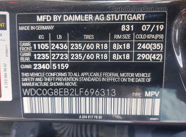 WDC0G8EB2LF696313 2020 MERCEDES-BENZ GLC-CLASS Черный Вид наклейки с VIN-кодом