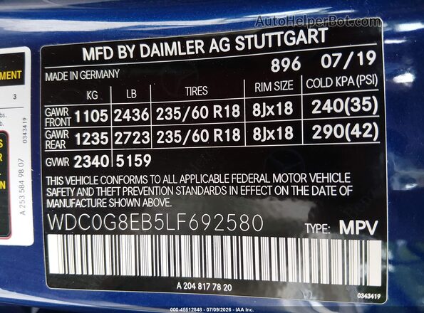 WDC0G8EB5LF692580 2020 MERCEDES-BENZ GLC 300 Синий Вид подкапотного пространства