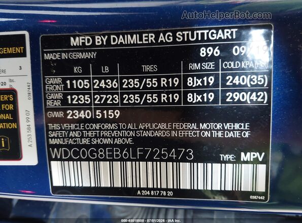 WDC0G8EB6LF725473 2020 MERCEDES-BENZ GLC 300 Blue Vista del compartimento del motor