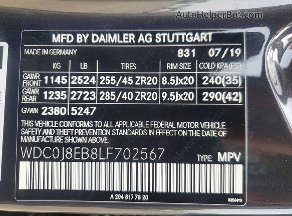 WDC0J8EB8LF702567 2020 MERCEDES-BENZ GLC-CLASS Gray Widok naklejki z numerem VIN