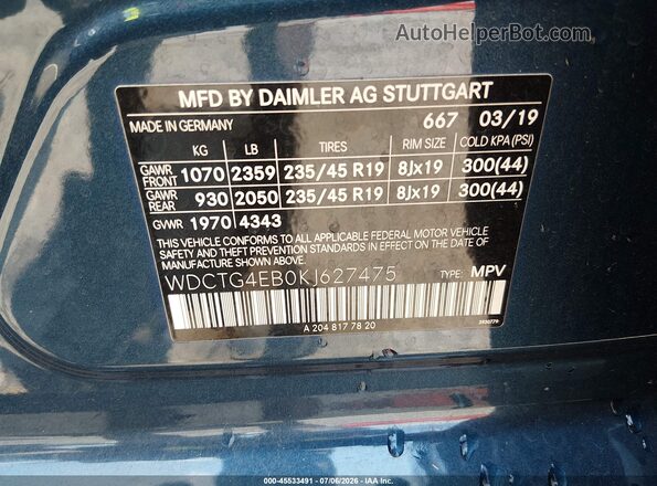 WDCTG4EB0KJ627475 2019 MERCEDES-BENZ GLA 250 Blue Vista del compartimento del motor