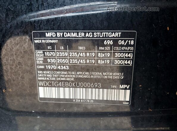 WDCTG4EB0KU000693 2019 MERCEDES-BENZ GLA Black Շարժիչի բաժամունքի տեսք