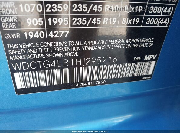 WDCTG4EB1HJ295216 2017 MERCEDES-BENZ GLA 250 Blue Շարժիչի բաժամունքի տեսք
