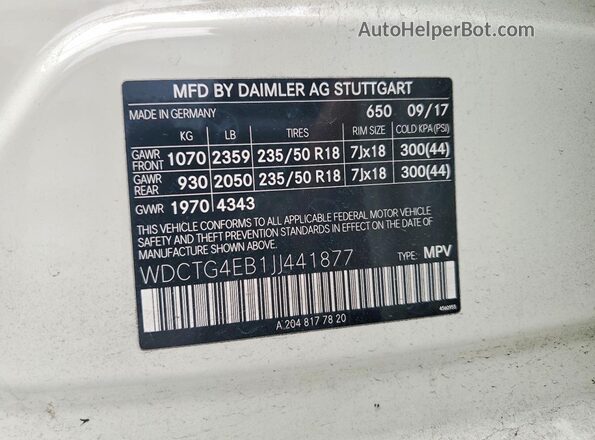 WDCTG4EB1JJ441877 2018 MERCEDES-BENZ GLA White VIN կոդի պիտակի տեսք