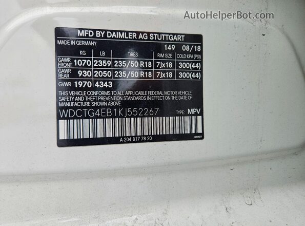 WDCTG4EB1KJ552267 2019 MERCEDES-BENZ GLA White Widok naklejki z numerem VIN