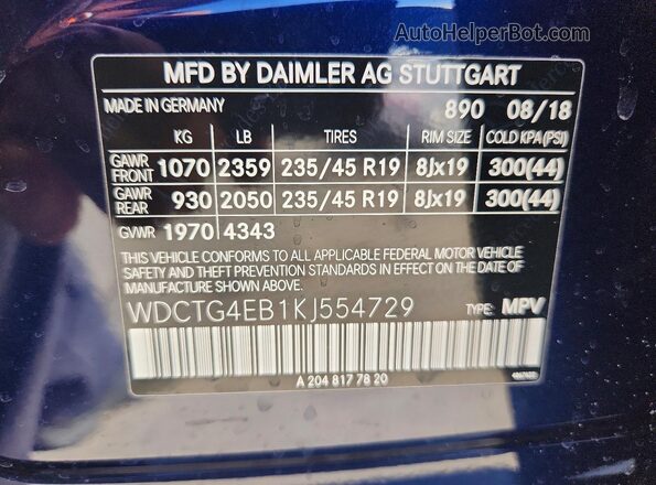 WDCTG4EB1KJ554729 2019 MERCEDES-BENZ GLA Blue VIN sticker view