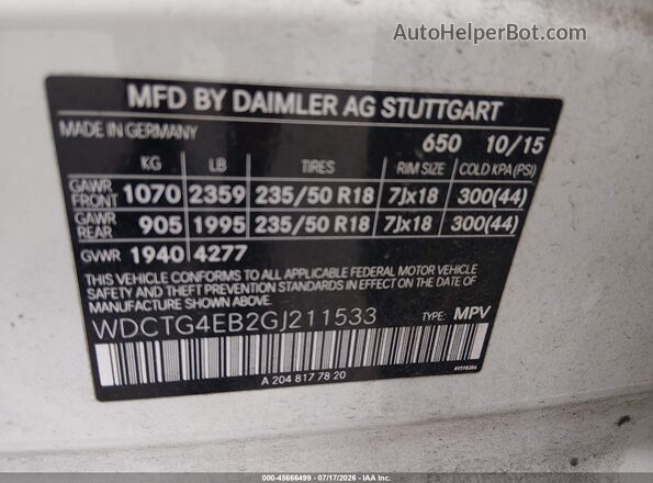 WDCTG4EB2GJ211533 2016 MERCEDES-BENZ GLA 250 White Engine compartment view