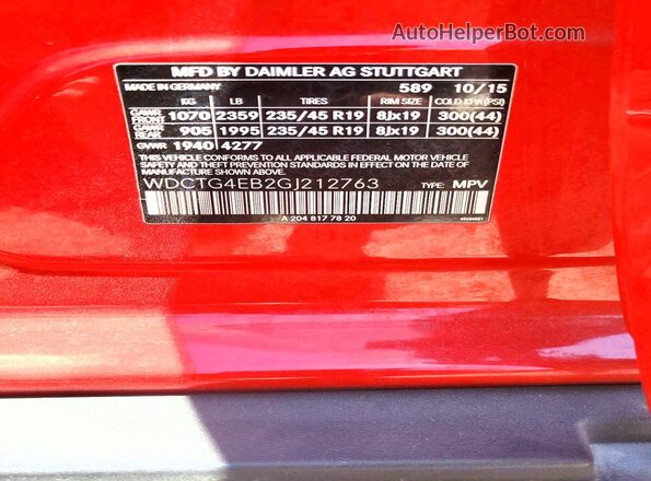 WDCTG4EB2GJ212763 2016 MERCEDES-BENZ GLA Red Vista de la etiqueta del VIN