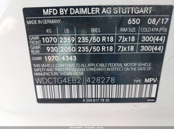 WDCTG4EB2JJ428278 2018 MERCEDES-BENZ GLA 250 White Vista del compartimento del motor
