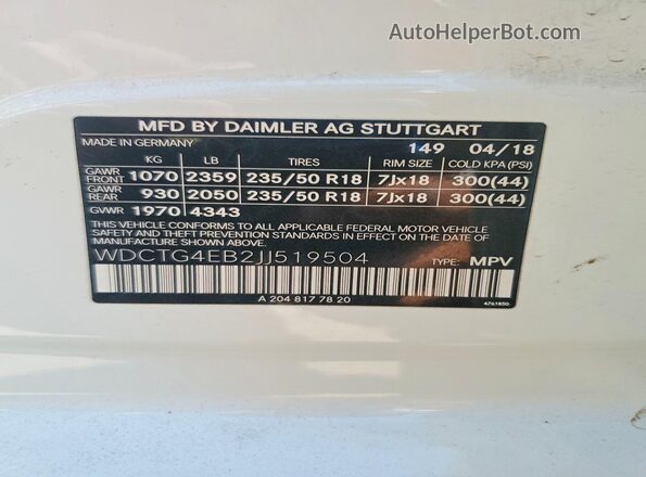 WDCTG4EB2JJ519504 2018 MERCEDES-BENZ GLA White Vista del compartimento del motor
