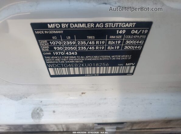 WDCTG4EB2KU018256 2019 MERCEDES-BENZ GLA 250 White Շարժիչի բաժամունքի տեսք