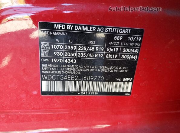WDCTG4EB2LJ689770 2020 MERCEDES-BENZ GLA Red Vista del compartimento del motor