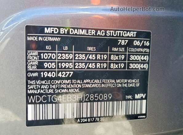 WDCTG4EB3HJ285089 2017 MERCEDES-BENZ GLA Gray Սալոնի 360 աստիճան տեսք