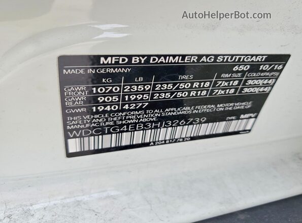 WDCTG4EB3HJ326739 2017 MERCEDES-BENZ GLA White VIN կոդի պիտակի տեսք