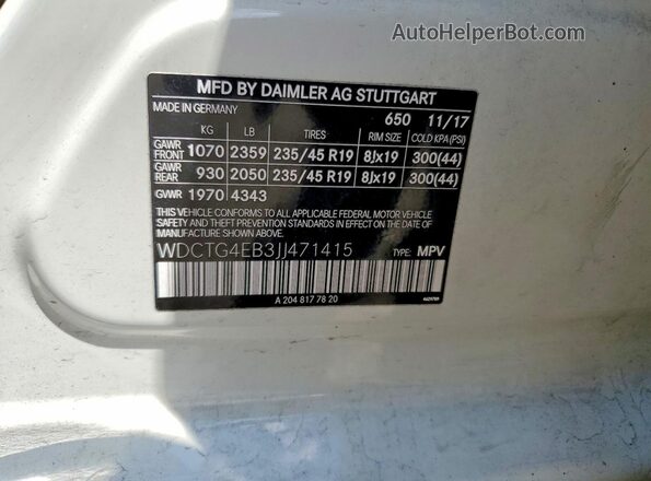 WDCTG4EB3JJ471415 2018 MERCEDES-BENZ GLA Белый Вид наклейки с VIN-кодом