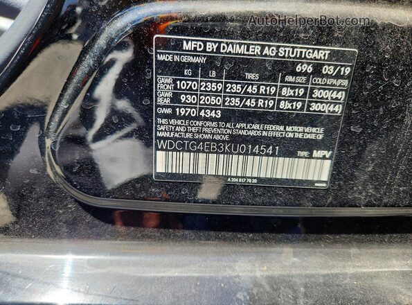 WDCTG4EB3KU014541 2019 MERCEDES-BENZ GLA Black Панорамний вид салону 360°