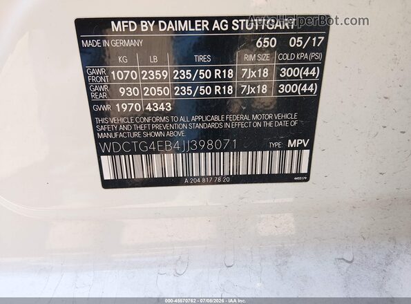 WDCTG4EB4JJ398071 2018 MERCEDES-BENZ GLA 250 White Շարժիչի բաժամունքի տեսք