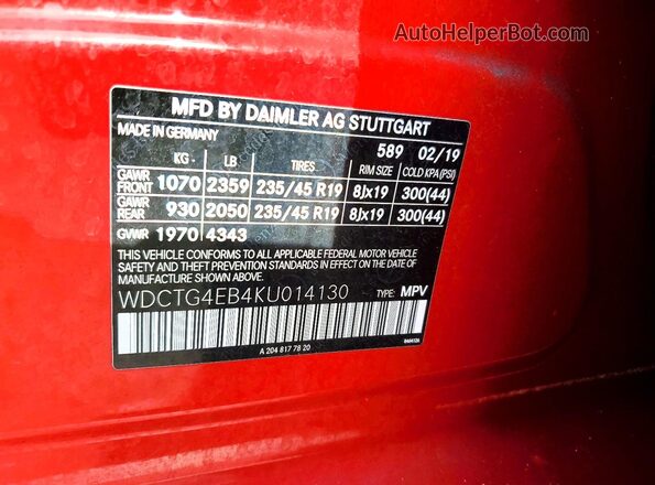 WDCTG4EB4KU014130 2019 MERCEDES-BENZ GLA Red VIN კოდის სტიკერის ხედი