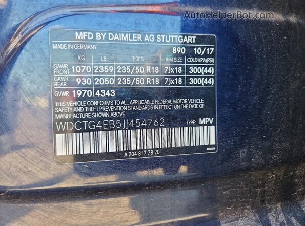 WDCTG4EB5JJ454762 2018 MERCEDES-BENZ GLA Blue Вид наклейки з VIN-кодом