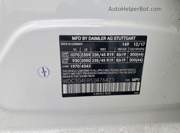 WDCTG4EB5JJ476423 2018 MERCEDES-BENZ GLA White Սալոնի 360 աստիճան տեսք