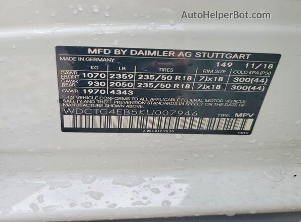WDCTG4EB5KU007946 2019 MERCEDES-BENZ GLA White Widok naklejki z numerem VIN