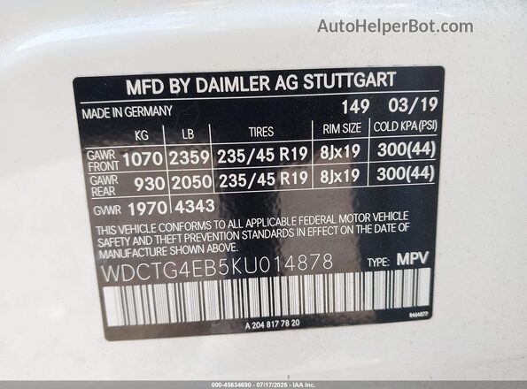 WDCTG4EB5KU014878 2019 MERCEDES-BENZ GLA-CLASS White ძრავის განყოფილების ხედი
