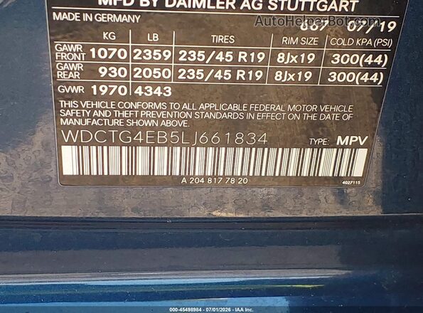 WDCTG4EB5LJ661834 2020 MERCEDES-BENZ GLA 250 Синий Вид подкапотного пространства