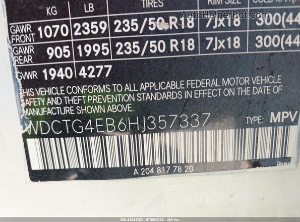 WDCTG4EB6HJ357337 2017 MERCEDES-BENZ OTHER White Widok komory silnika