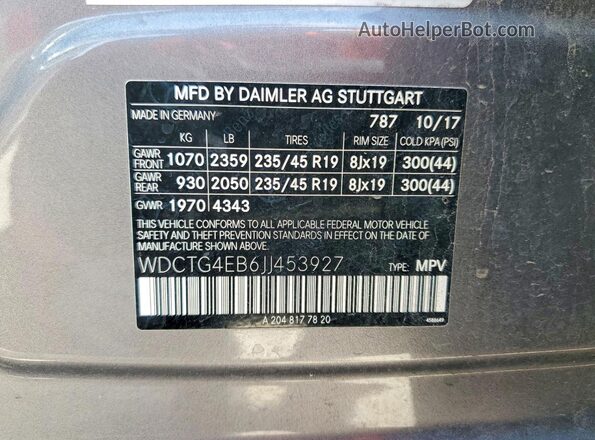 WDCTG4EB6JJ453927 2018 MERCEDES-BENZ GLA Gray Панорамний вид салону 360°