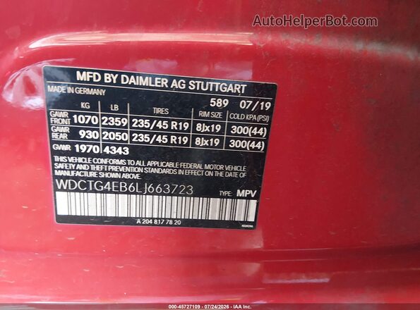 WDCTG4EB6LJ663723 2020 MERCEDES-BENZ GLA 250 Red Vista del compartimento del motor
